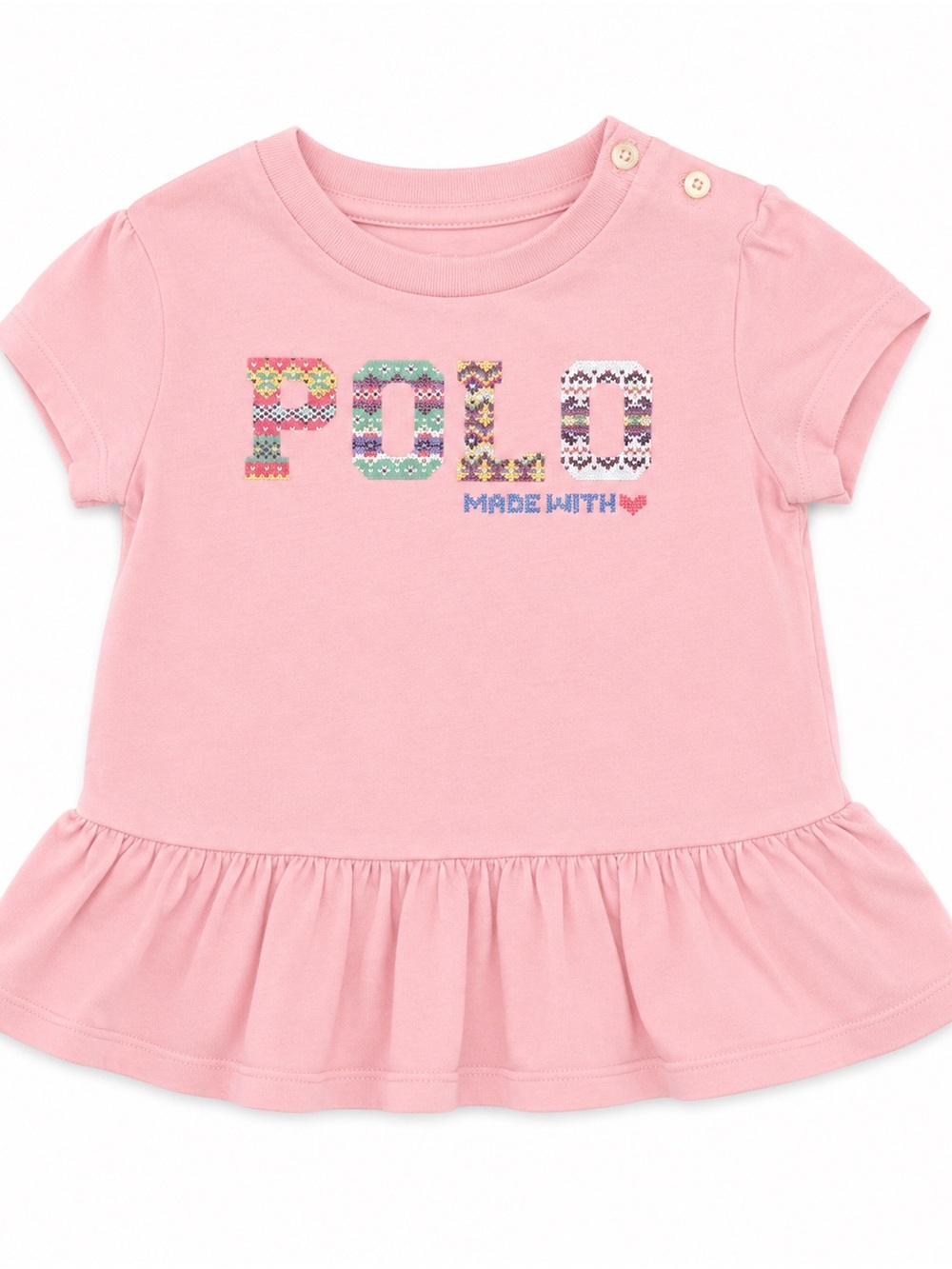 Polo by Ralph Lauren Pink Cotton Peplum Tee with Multicolor Logo